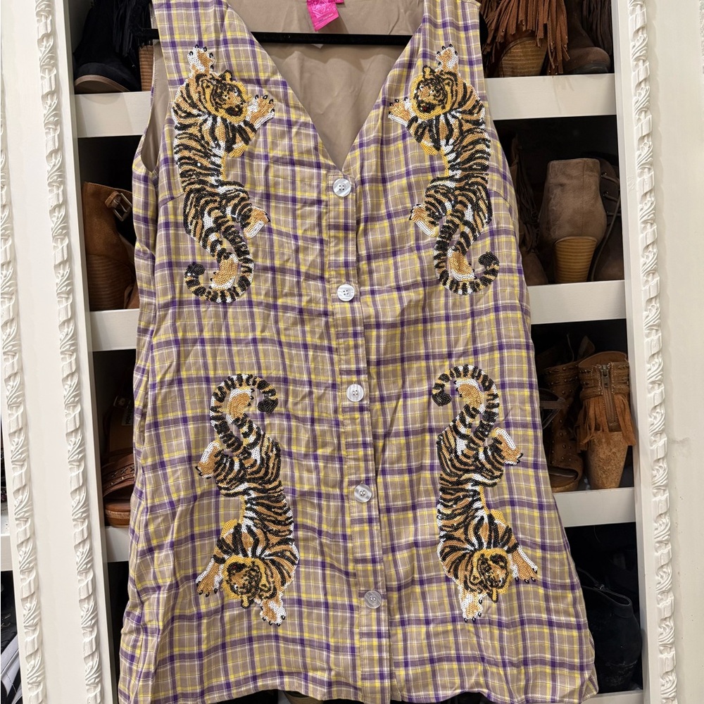 QUEEN OF SPARKLES Purple Plaid Button-Front Dress with Tiger Embroidery
